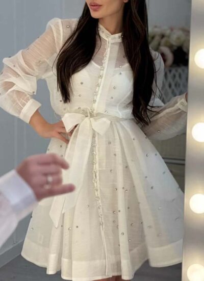 Φόρεμα μονόχρωμο με στρας ALESHA OFF WHITE