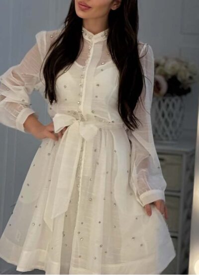 Φόρεμα μονόχρωμο με στρας ALESHA OFF WHITE