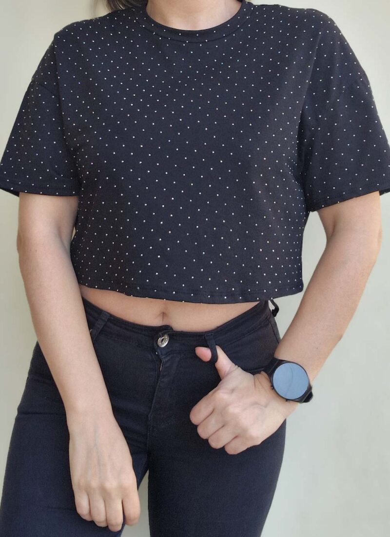 Κοντομάνικο Crop T-Shirt με στρας ERI BLACK