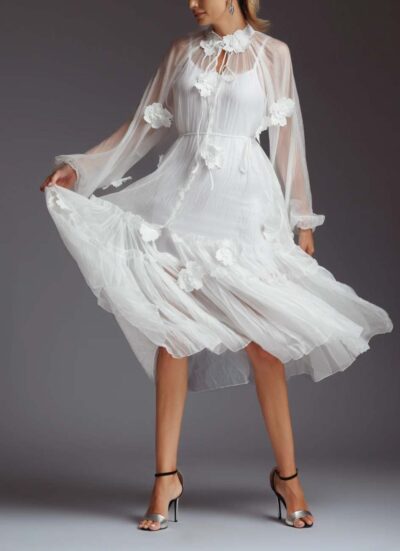 Φόρεμα με ανάγλυφα λουλούδια NANTIA OFF WHITE