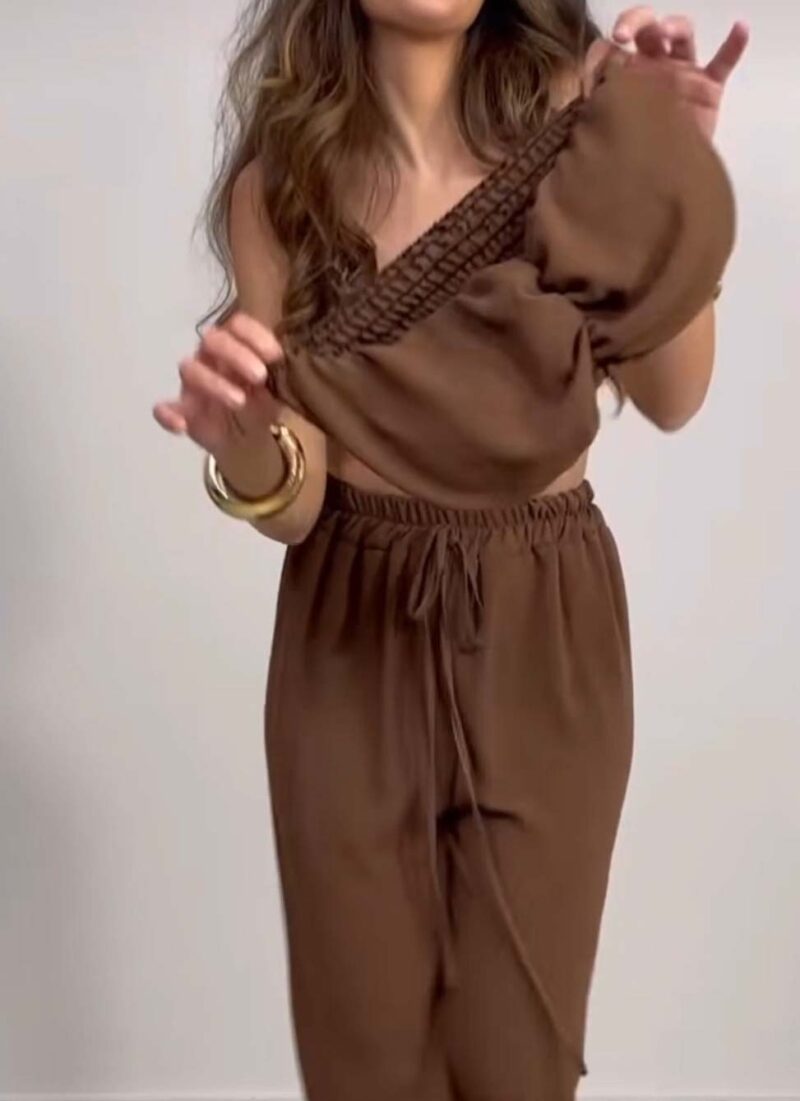 Σετ Μπλούζα Τουνίκ με Crop Top και Παντελόνα VALLERIA BROWN